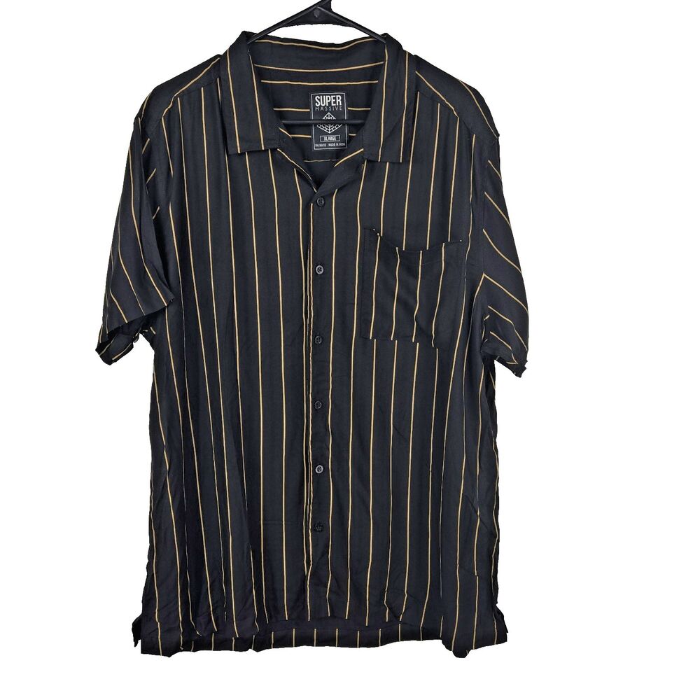 Super Massive Men's Size XL Black Gold Striped Short‎ Sleeve Button Up Shirt